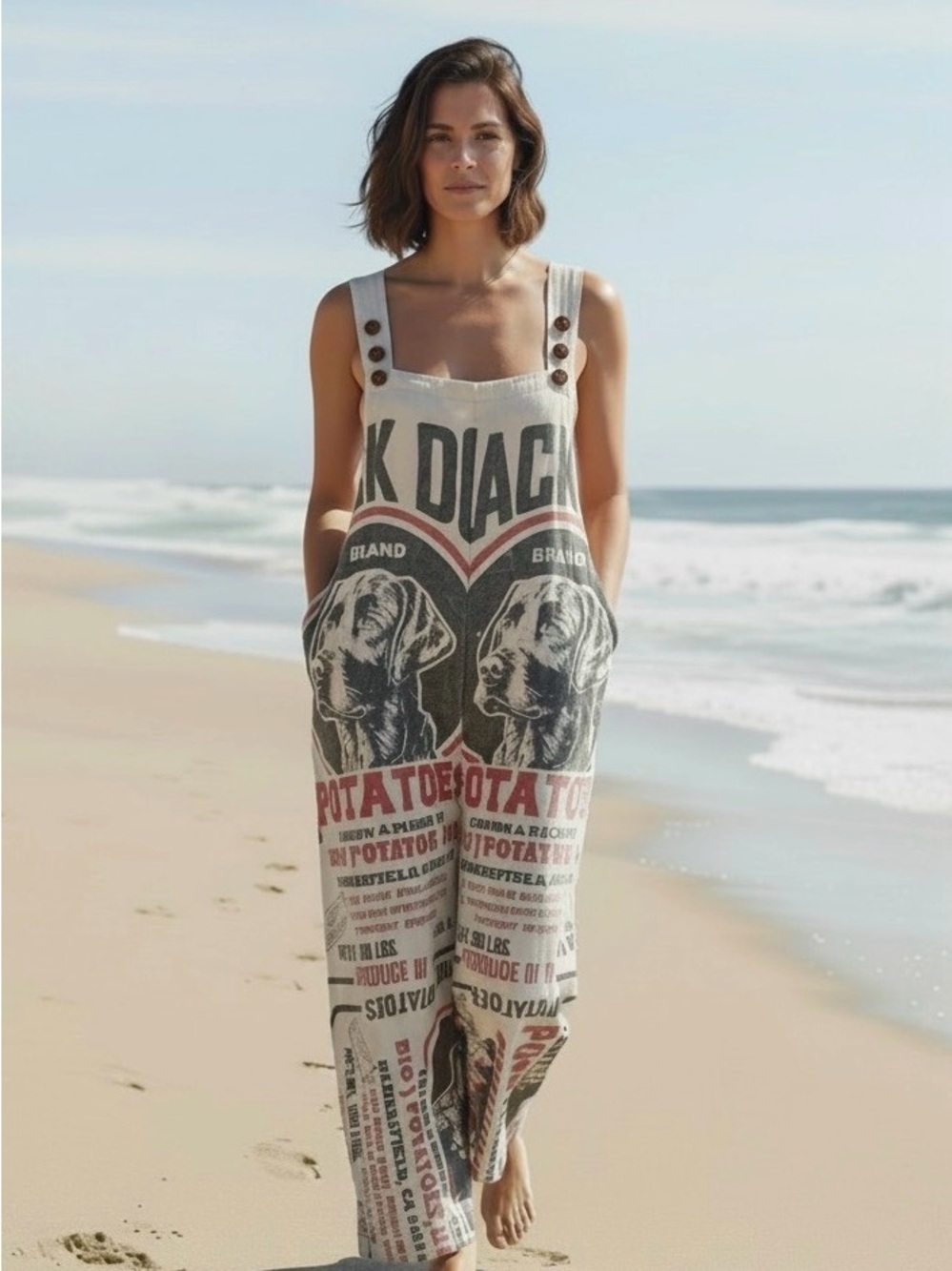 Kathmandu Cotton Grain Sack Black Dog Graphic Overalls